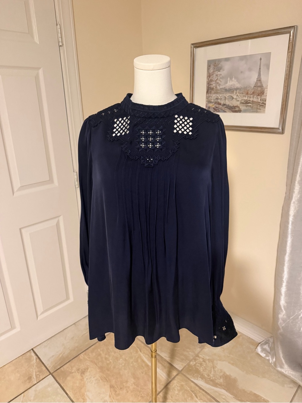 Kobi Halperin Navy Crochet-Yoke Long-Sleeve Blouse